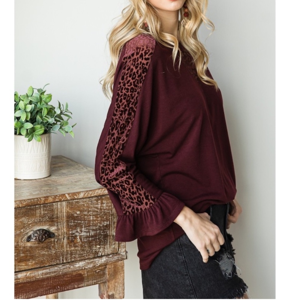 Emerald Maroon Sheer Leopard Detail Women's Blouse